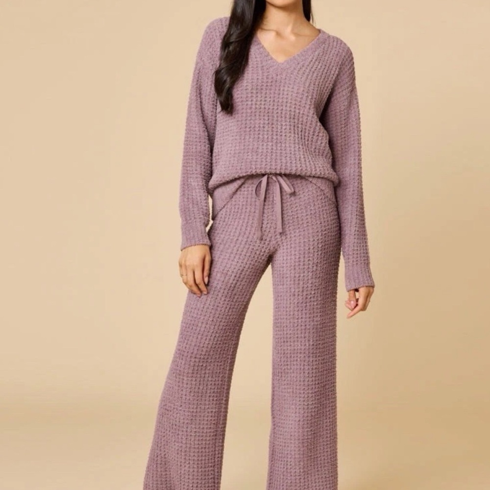 Cozy Waffle-Knit V-Neck Lounge Set - Dusty Mauve